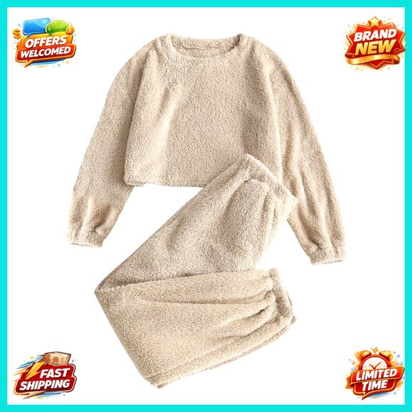 Fuzzy Fleece Lounge Set Long Sleeve Pullover Pants Sleepwear Loungewear Cozy